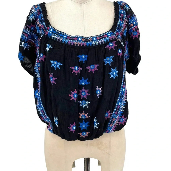 Free People Aurora Embroidered Blouson Top In Black Size Small - Picture 4 of 11